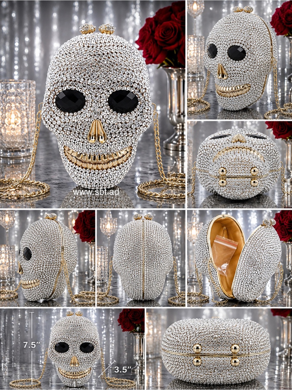 NWT Skull Clutch Purse Sparkling Bling Swarovski Crystal Rhinestone Black +Gift - Picture 15 of 15